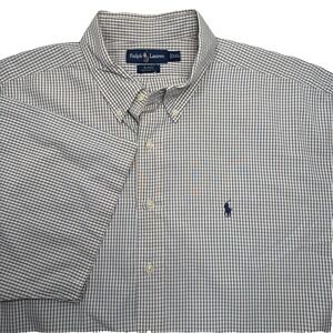 Ralph Lauren XXL Blue Checkered BLAKE Oxford Shirt Mens Short Sleeve Blue Pony